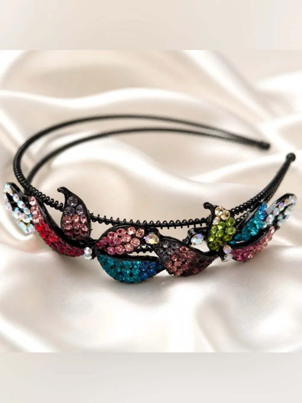 Multicolor Crystal Floral Double Black-tone Band Headband